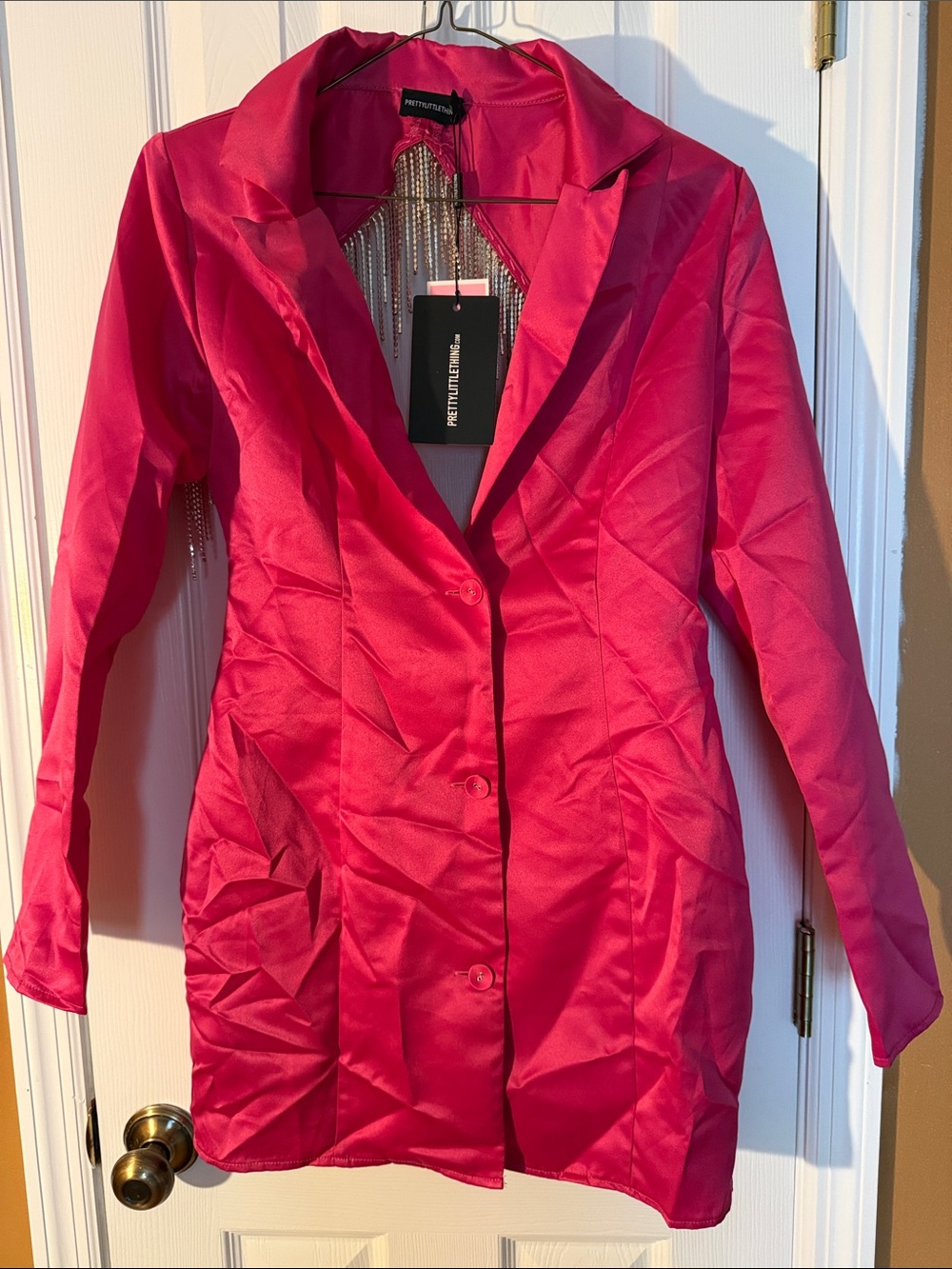 PrettyLittleThing Hot Pink Satin Blazer Dress with Open Back Rhinestone detail